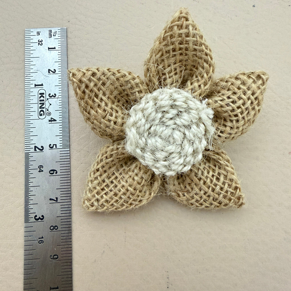 Pack of 5 jute burlap flower patches laid flat showing full set