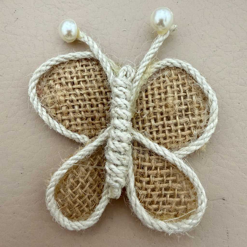 Close-up of Jute Burlap Butterfly Patch showing rope edging and pearl antennae
