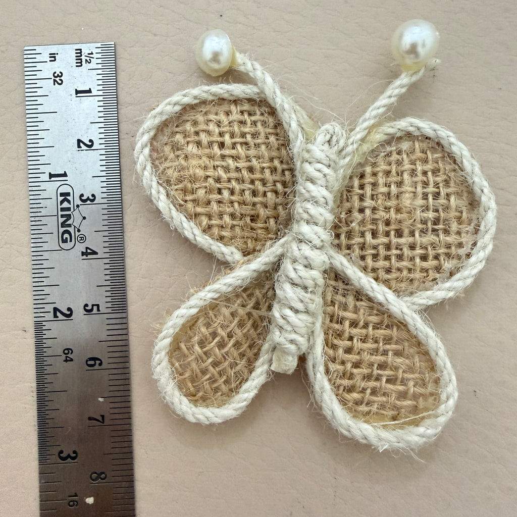 Jute Burlap Butterfly Patch with ruler showing approx 6-7cm width