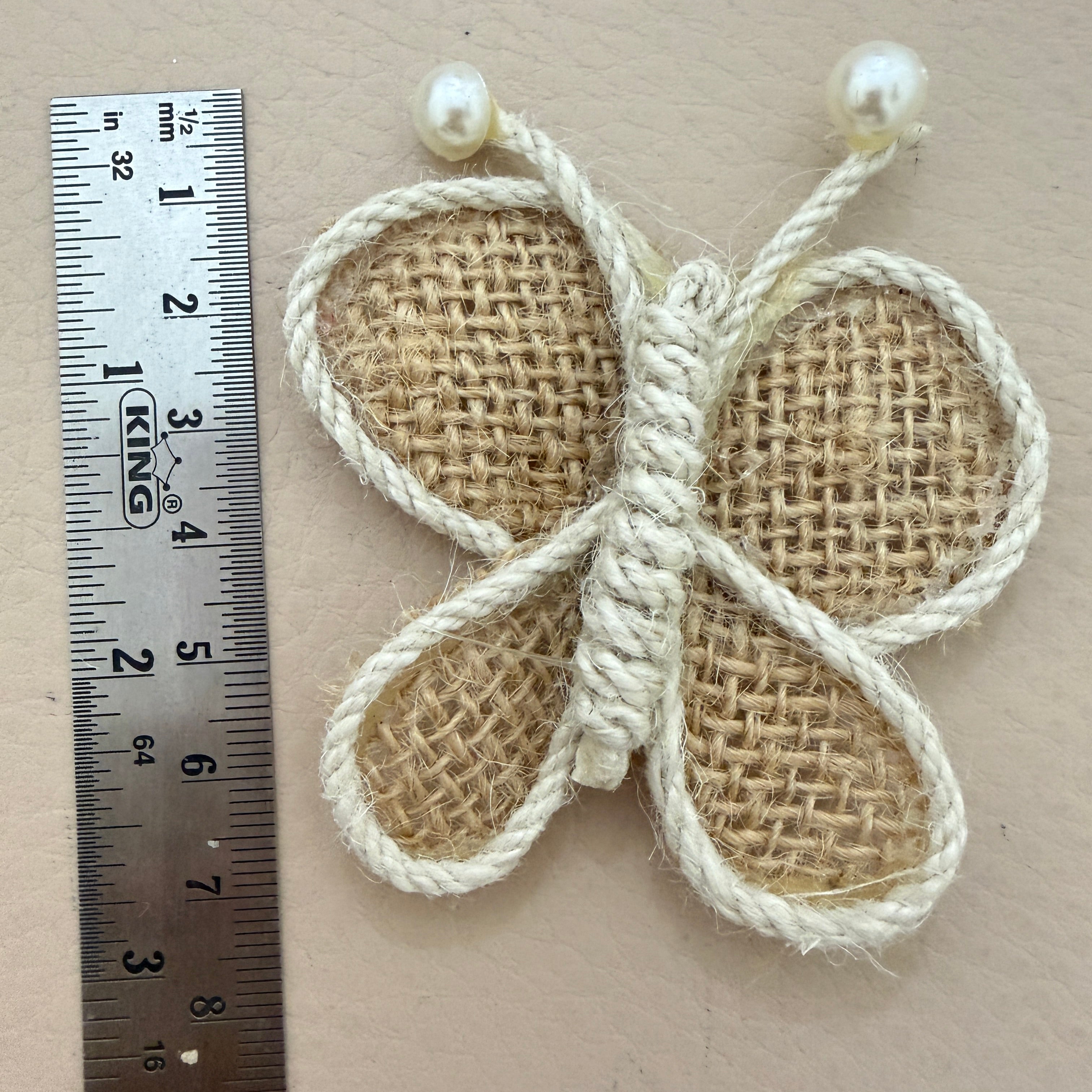 Jute Burlap Butterfly Patch with ruler showing approx 6-7cm width