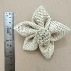 Natural white jute burlap flower patch with ruler showing approx 7-8cm diameter