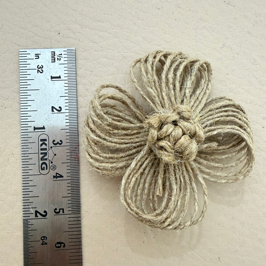 Jute twine flower patch with ruler showing approx 5-6cm diameter