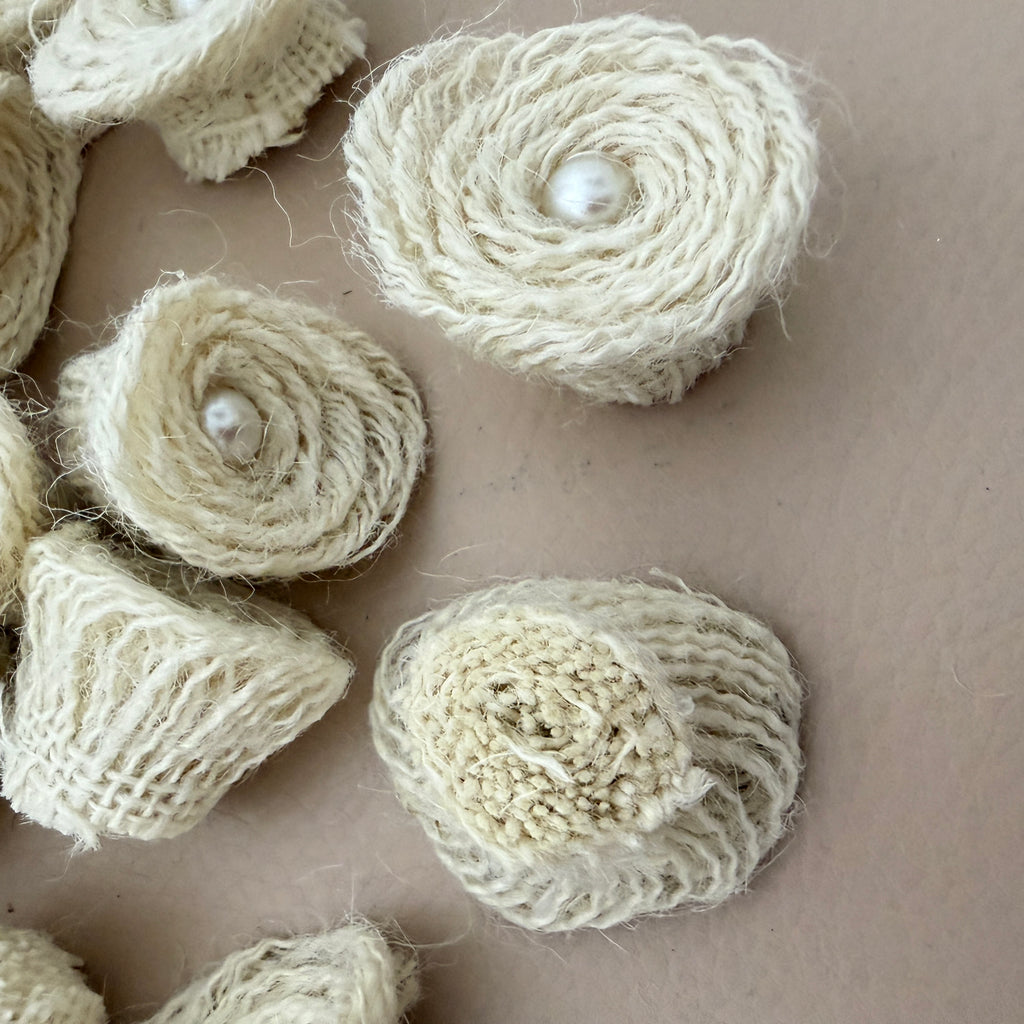 Top and side view of jute rope rosette patches showing 3D texture