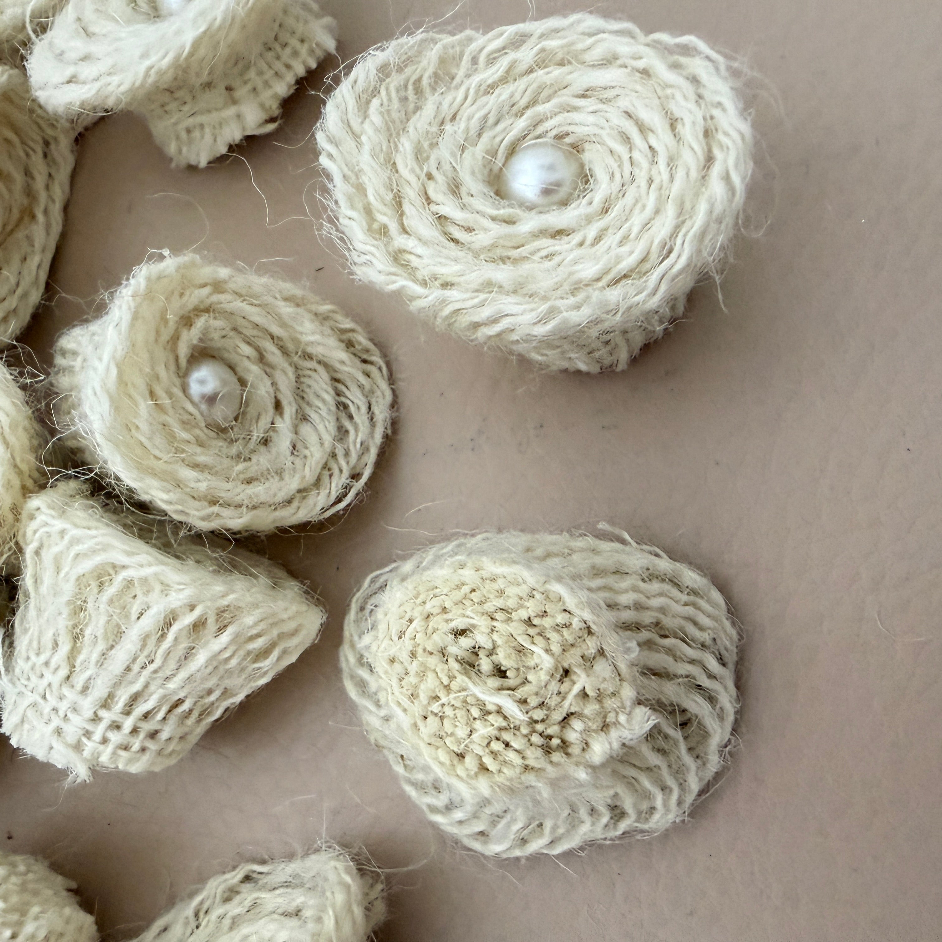 Top and side view of jute rope rosette patches showing 3D texture