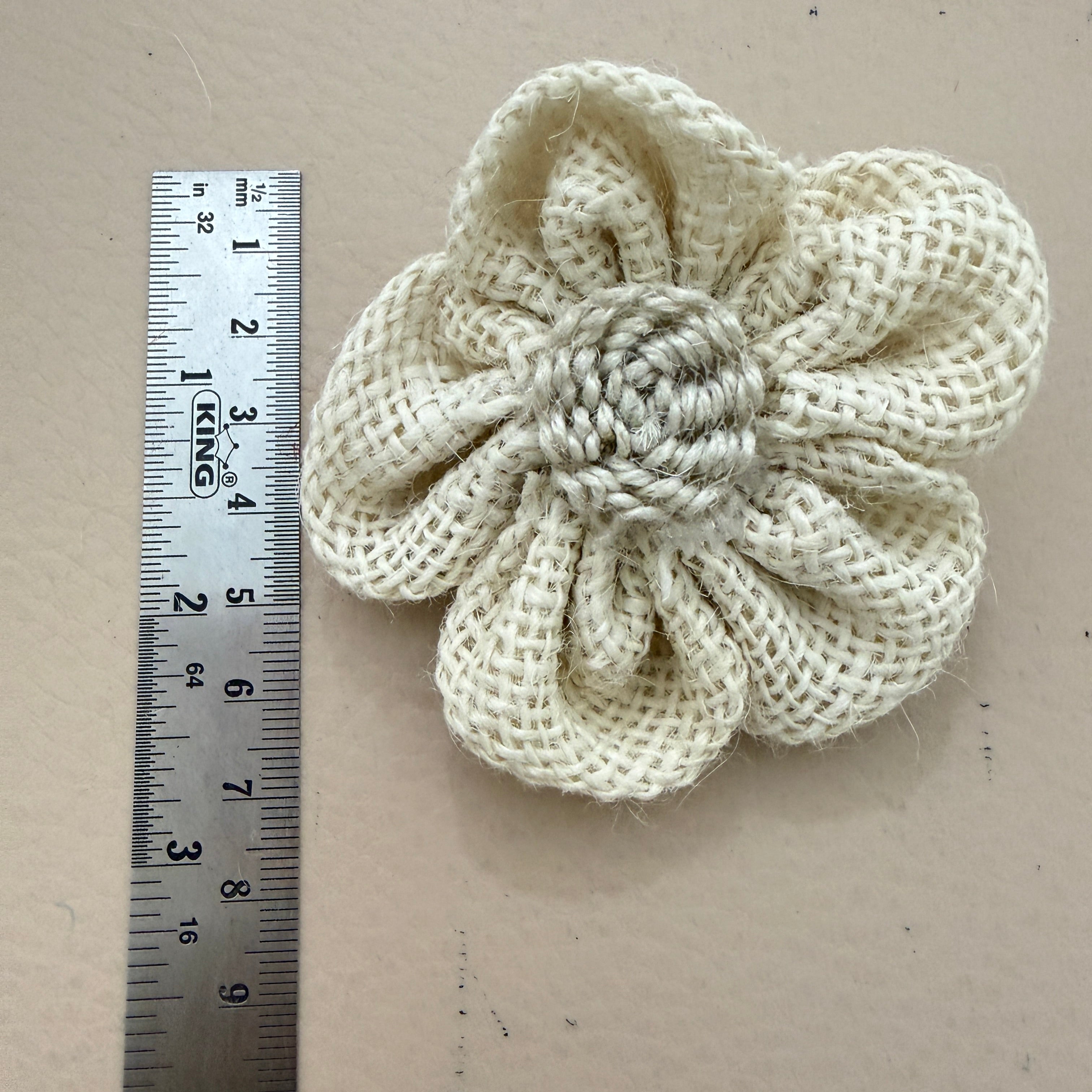 3D puffed burlap flower patch with ruler showing approx 7-8cm diameter