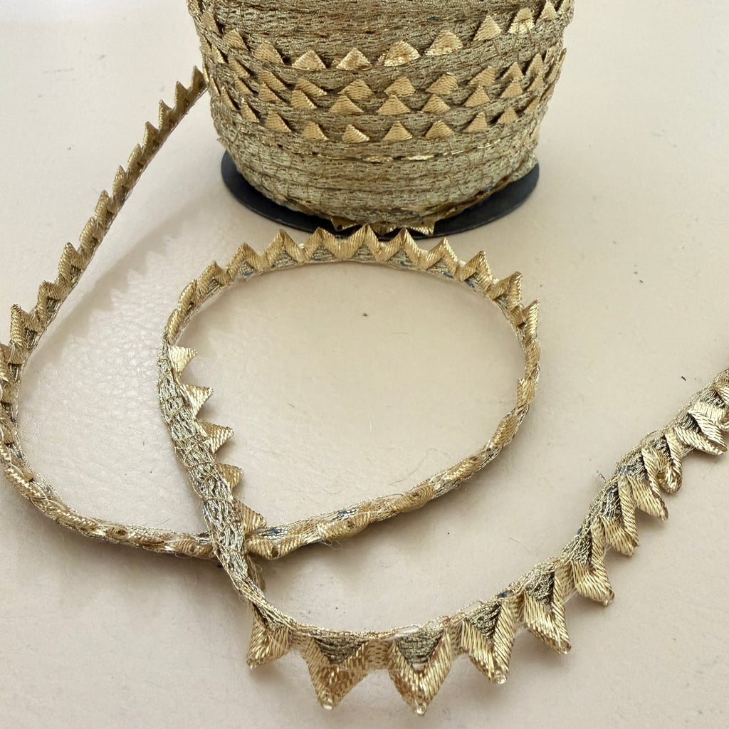 Gold zigzag chevron lace trim held in hand showing texture and width