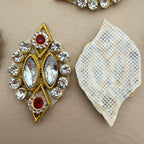 Two gold diamond rhinestone patches side by side showing front detail