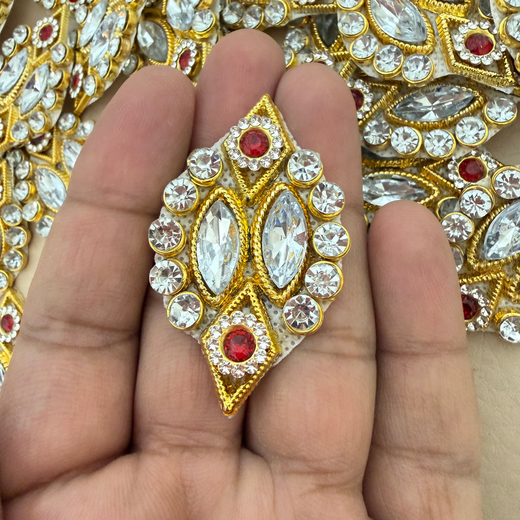 Front and back view of gold diamond rhinestone patch showing mesh backing