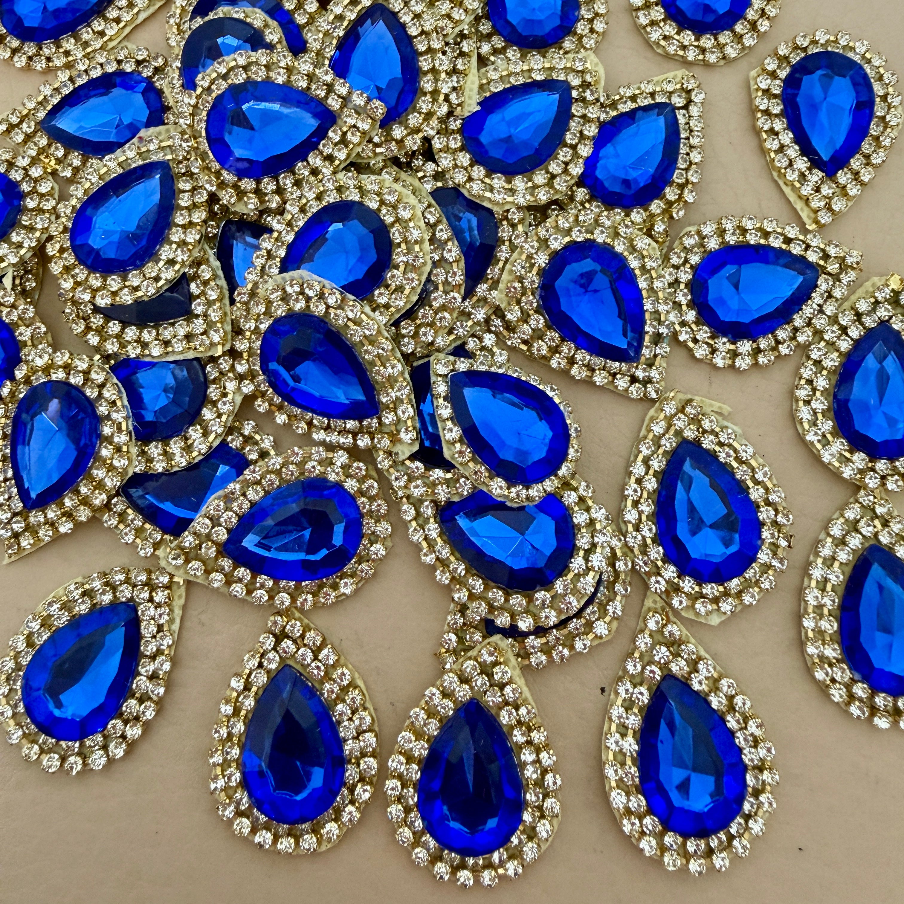 Royal blue teardrop rhinestone patches bulk lot – top view