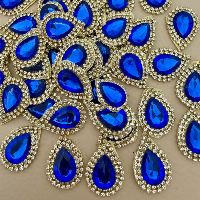 Royal blue teardrop rhinestone patches bulk lot – top view