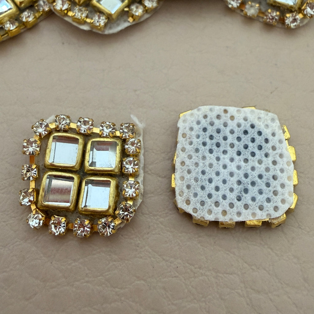 Front and back view of kundan mirror patch showing perforated mesh backing