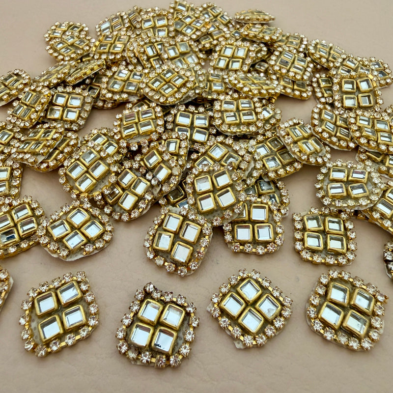 Pack of 25 kundan mirror rhinestone square patches – bulk view