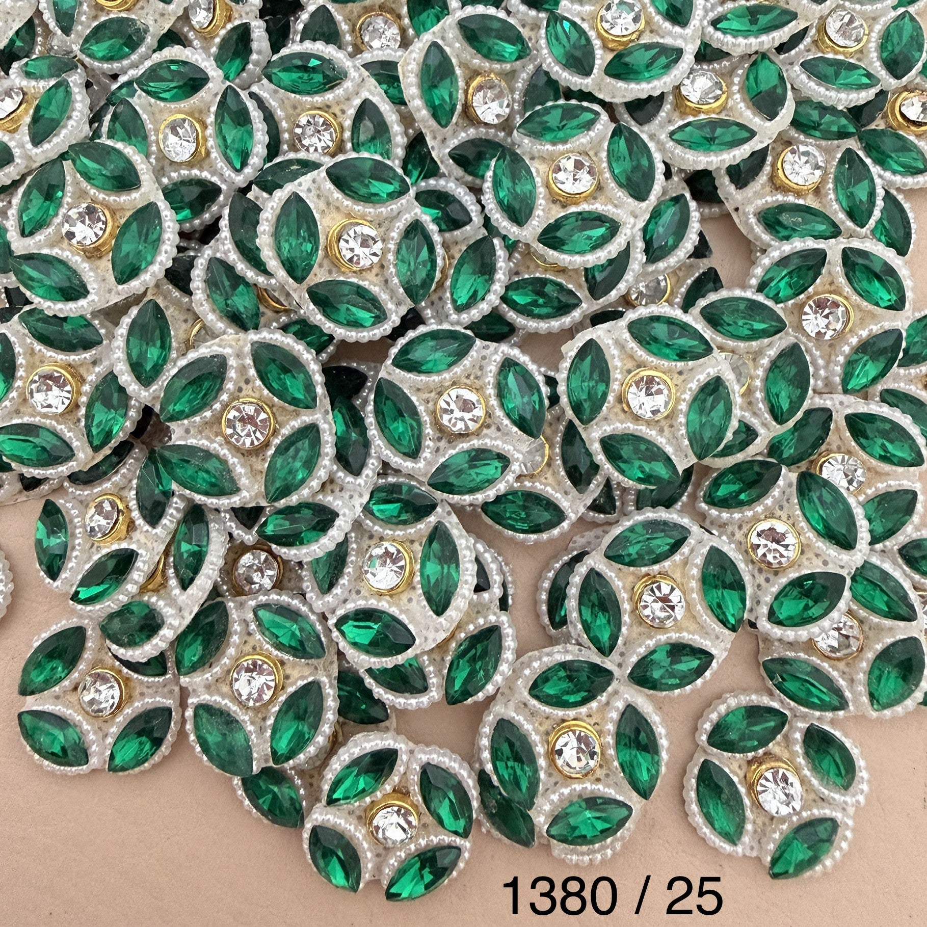 Bulk lot of emerald green marquise rhinestone flower patches – pack of 25