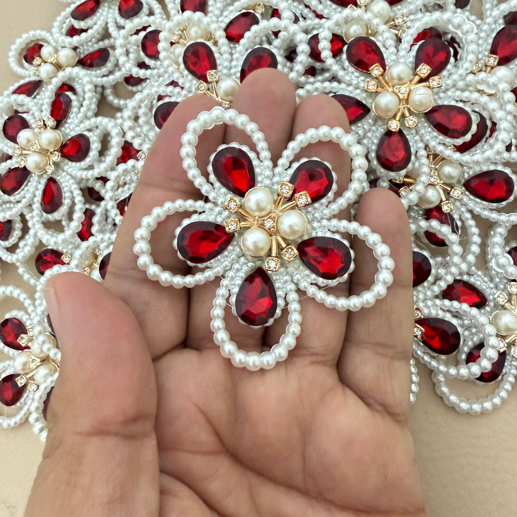 Red crystal pearl flower patches – pack of 5 arranged