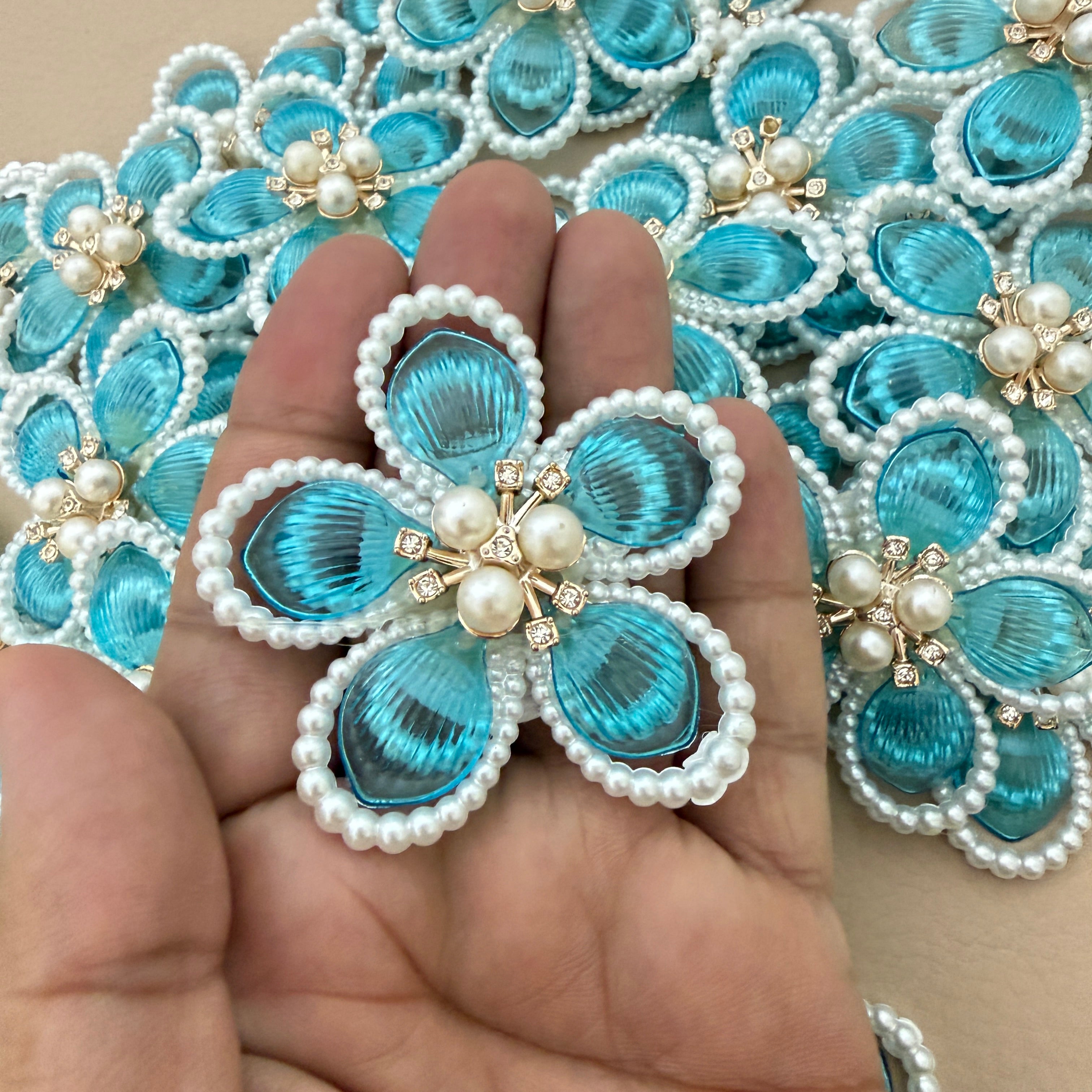 Blue crystal pearl flower patch with ruler showing approx 7cm size