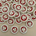 Red velvet pearl rhinestone round patches – bulk lot overhead view