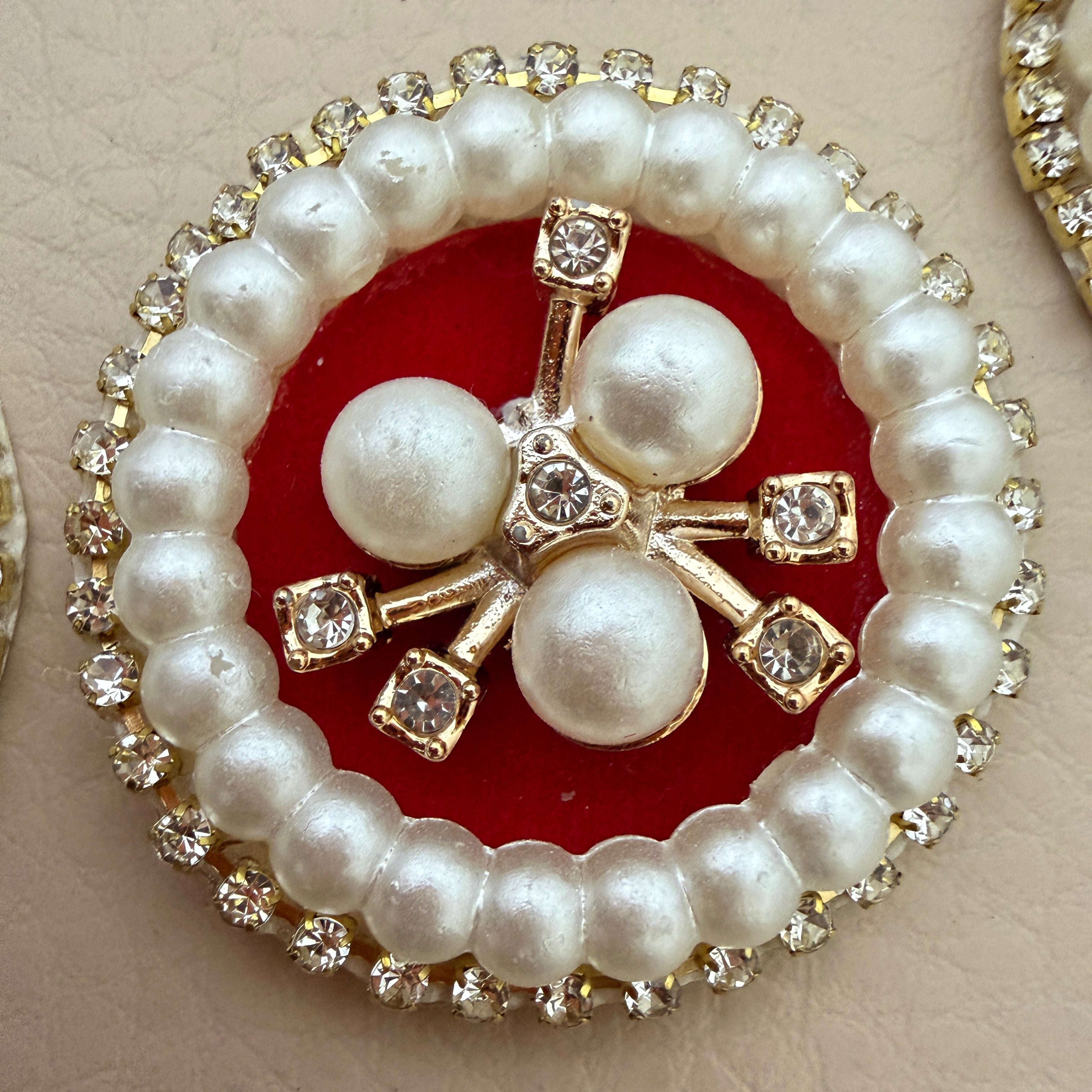 Red velvet pearl rhinestone round patch – close up front view showing pearl border and rhinestone rim