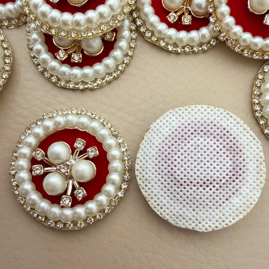 Red velvet pearl rhinestone round patch – front and back view showing mesh backing