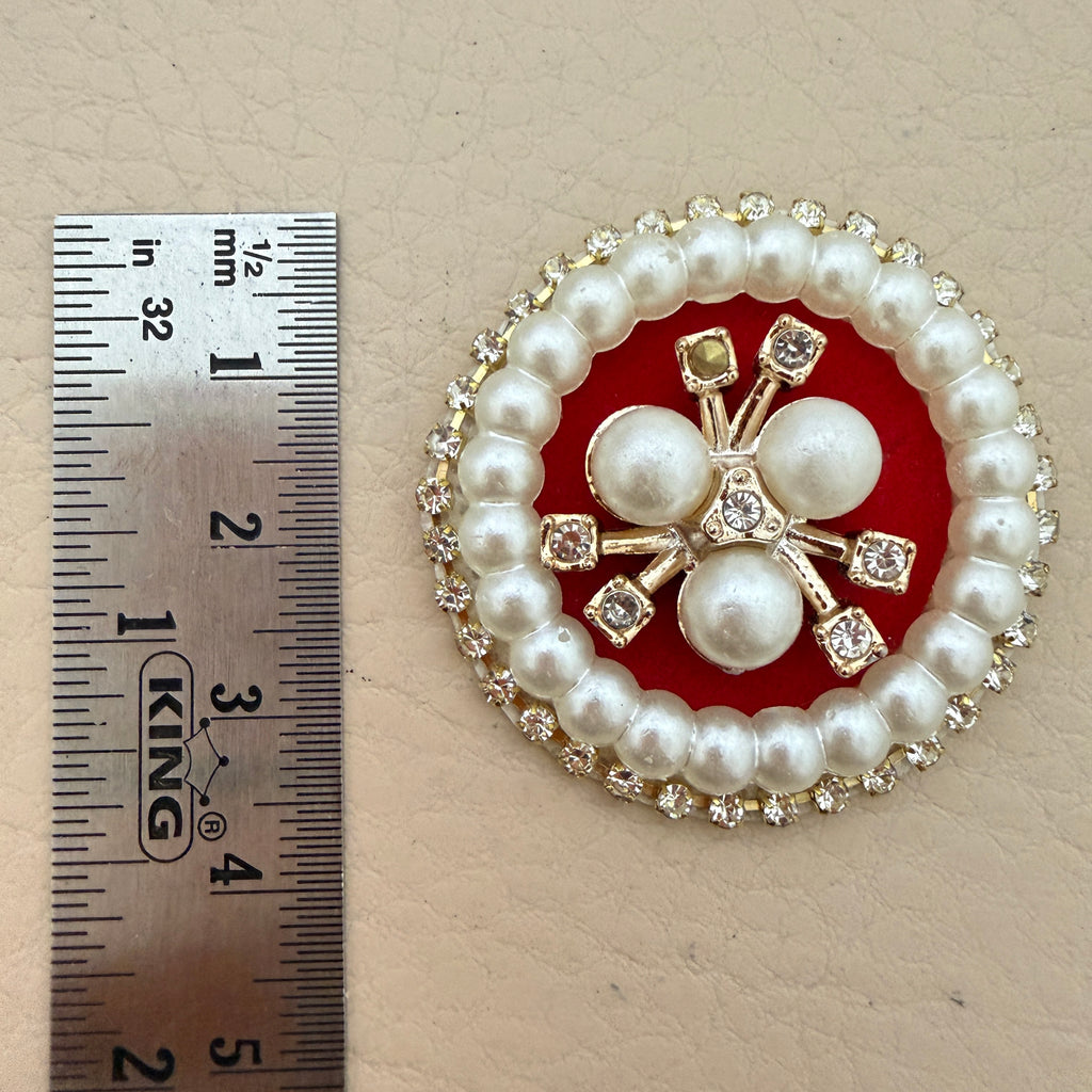 Red velvet pearl rhinestone round patch with ruler showing approx 4.5cm diameter