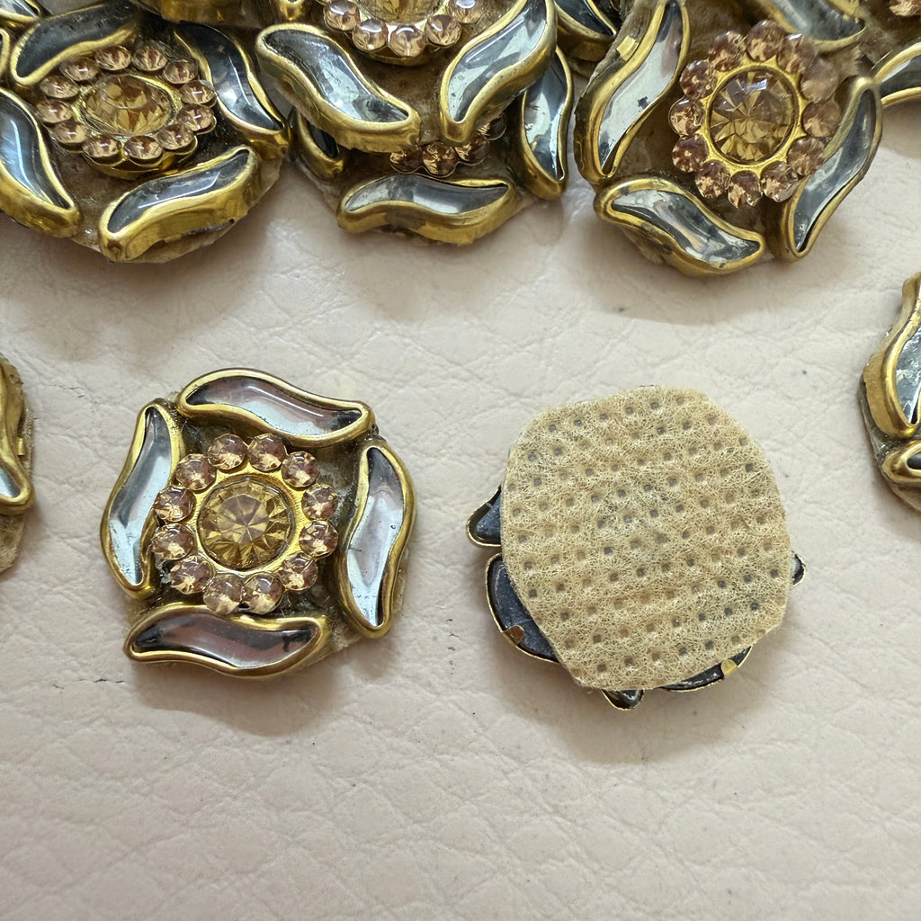 Antique gold rhinestone flower motif patch with ruler showing ~2.5cm size