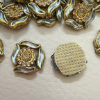 Antique gold rhinestone flower motif patch with ruler showing ~2.5cm size
