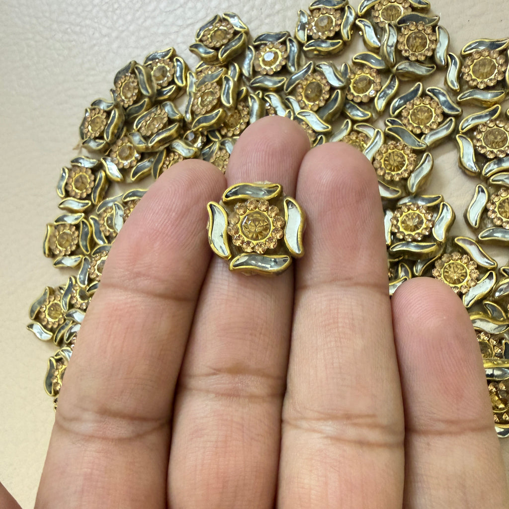 Front and back view of antique gold rhinestone flower motif patch