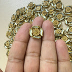 Front and back view of antique gold rhinestone flower motif patch