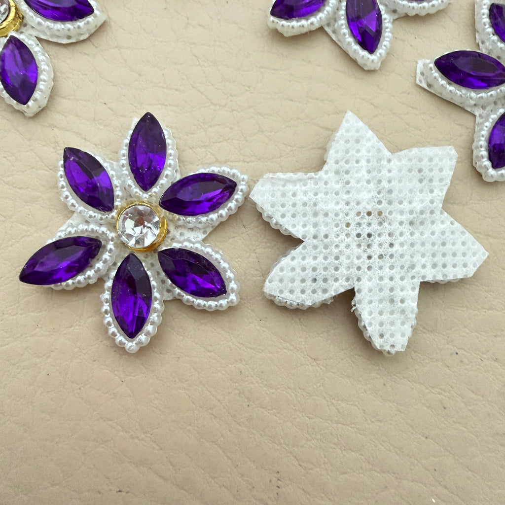 Front and back view of purple marquise rhinestone star flower motif patch showing foam base
