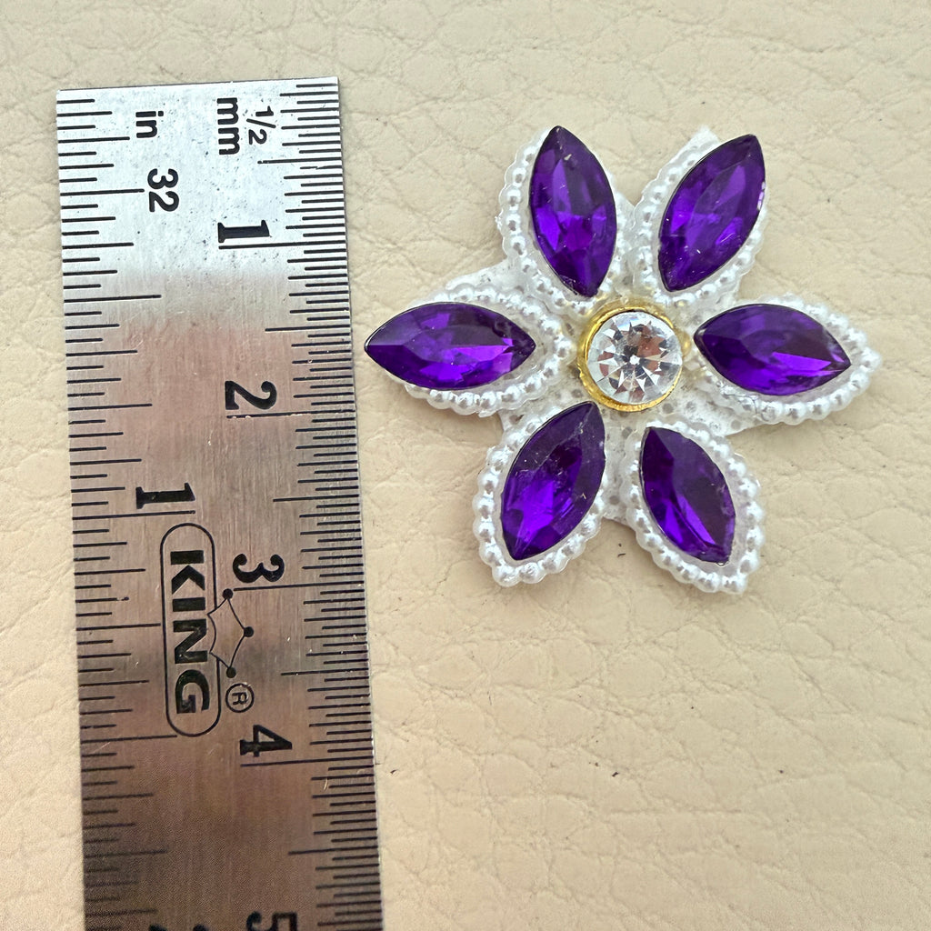 Purple marquise rhinestone star flower motif patch next to ruler showing approx 3.5cm size
