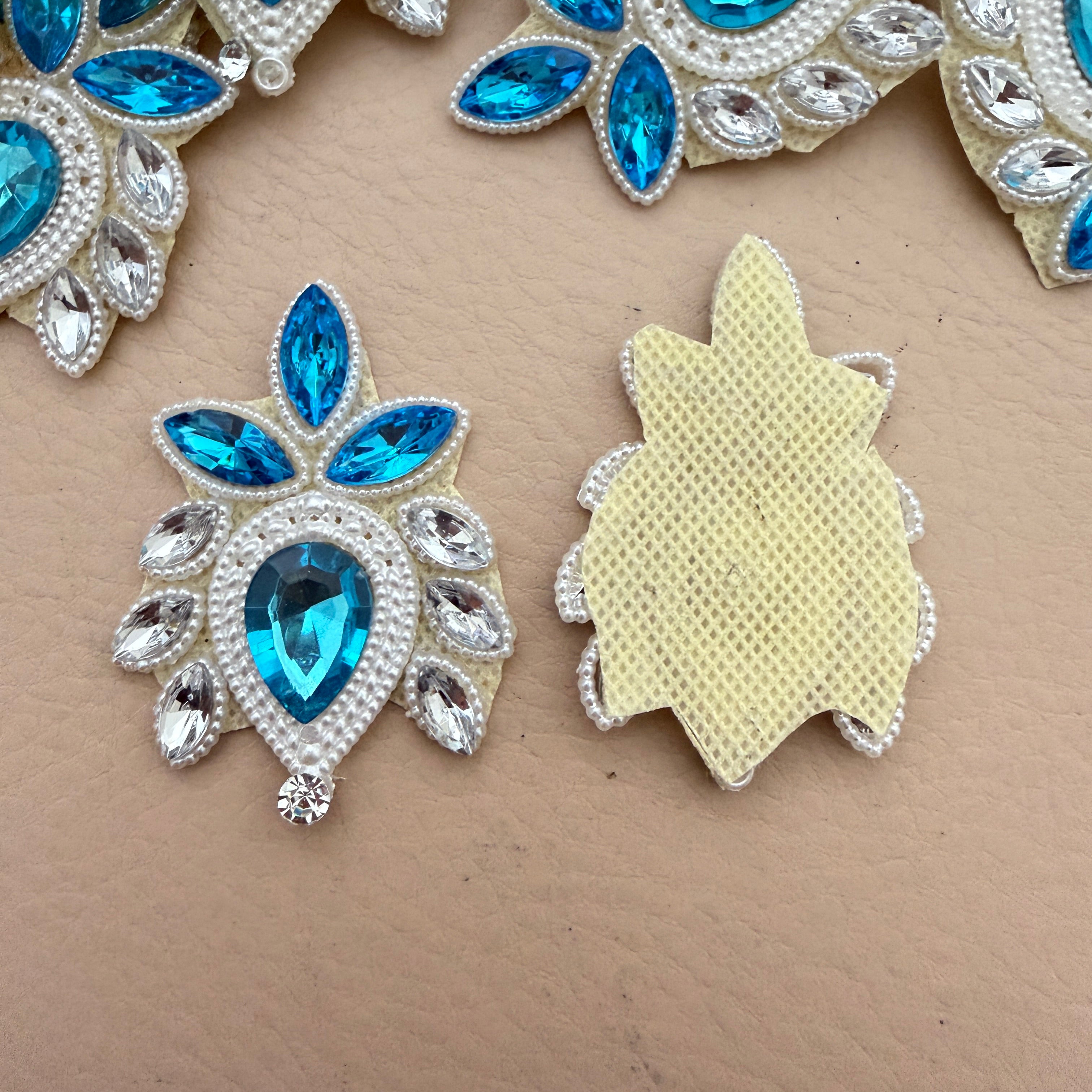 Front and back view of sky blue rhinestone patch