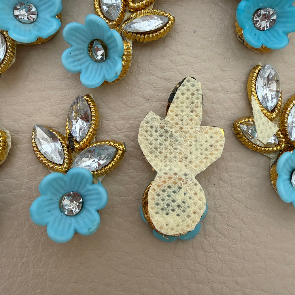 Collection of sky blue flower and leaf crystal rhinestone applique patches