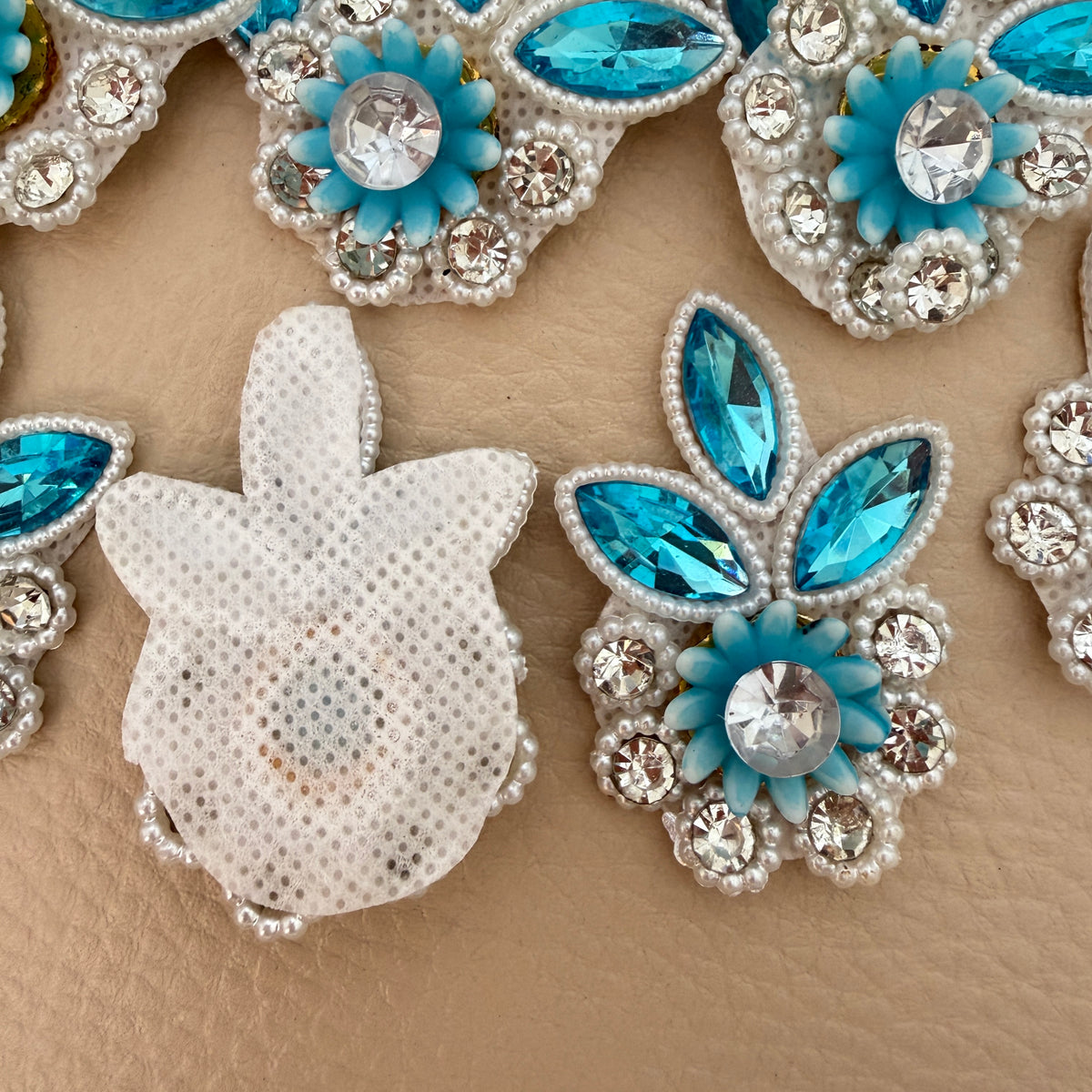 Collection of sky blue floral crystal and pearl rhinestone applique patches
