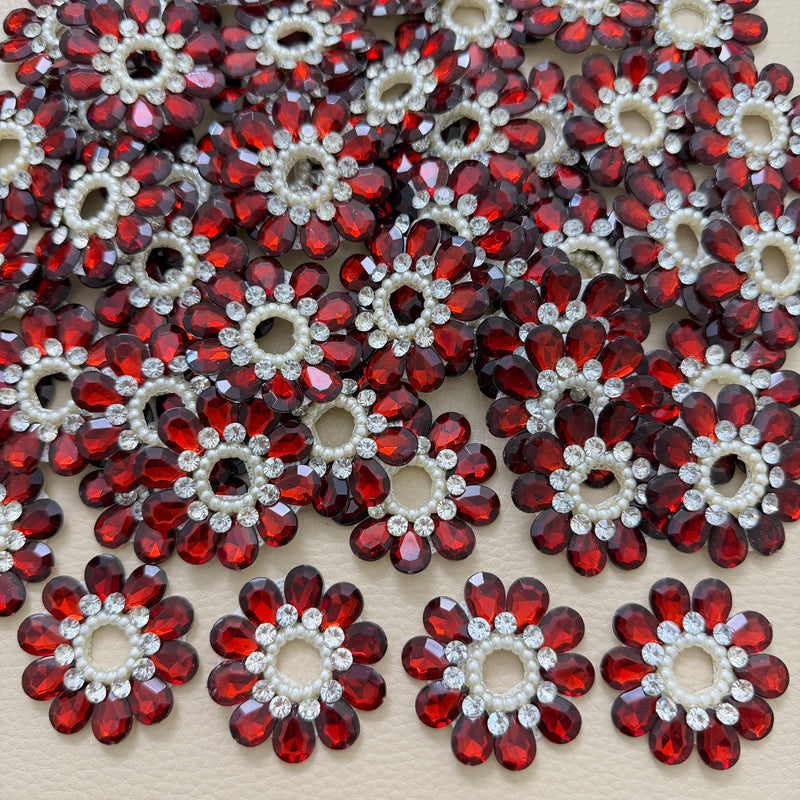 Pile of maroon rhinestone pearl flower motif patches