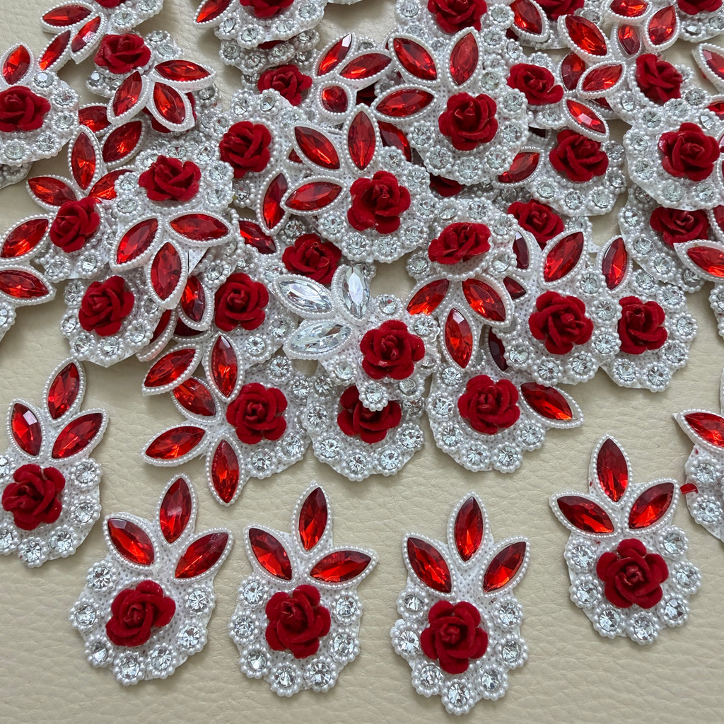 Pair of red rose rhinestone flower motif patches with pearl and crystal borders