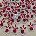Pair of red rose rhinestone flower motif patches with pearl and crystal borders