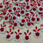 Pair of red rose rhinestone flower motif patches with pearl and crystal borders