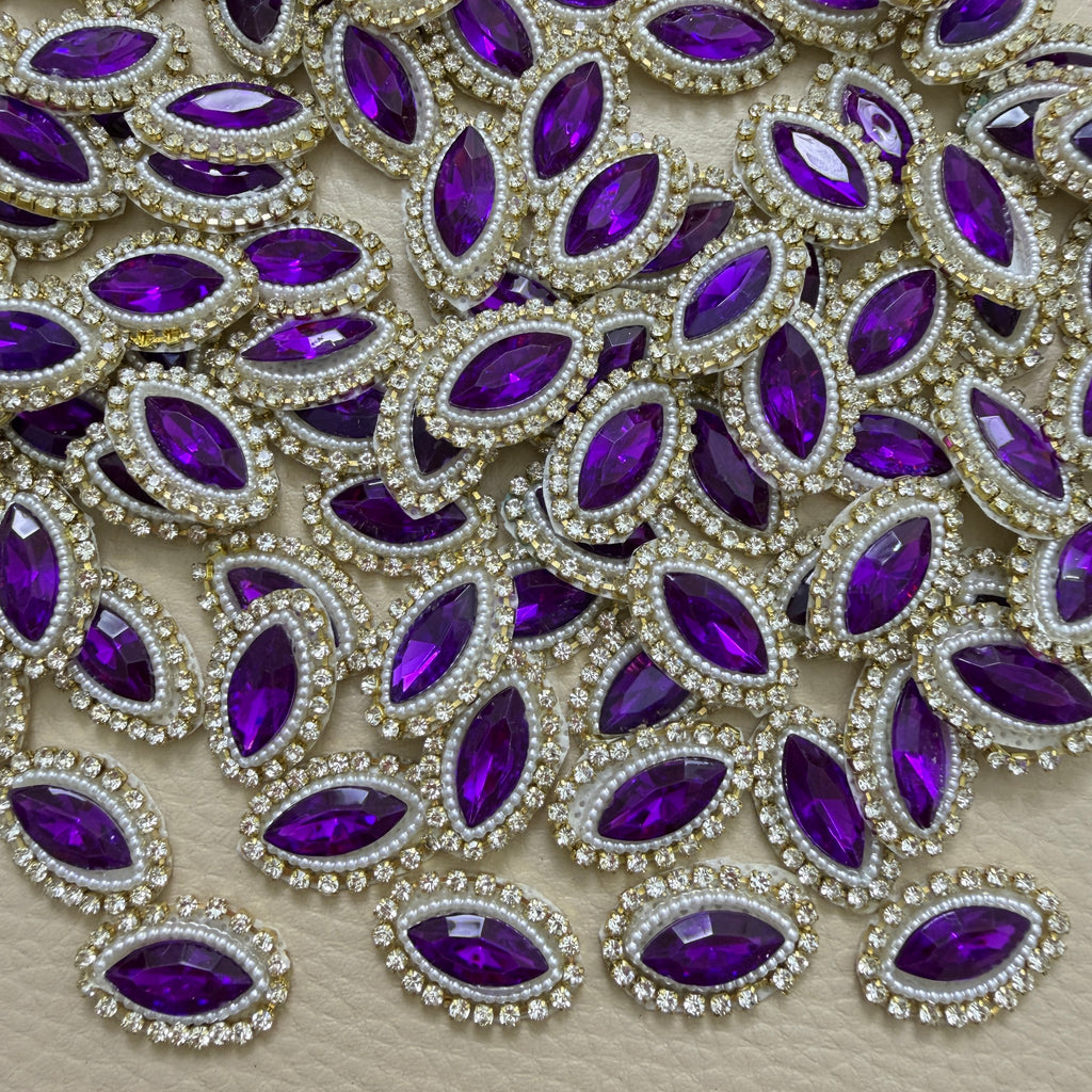 Purple marquise stone patches with white pearl-look beads and gold-tone rhinestone borders