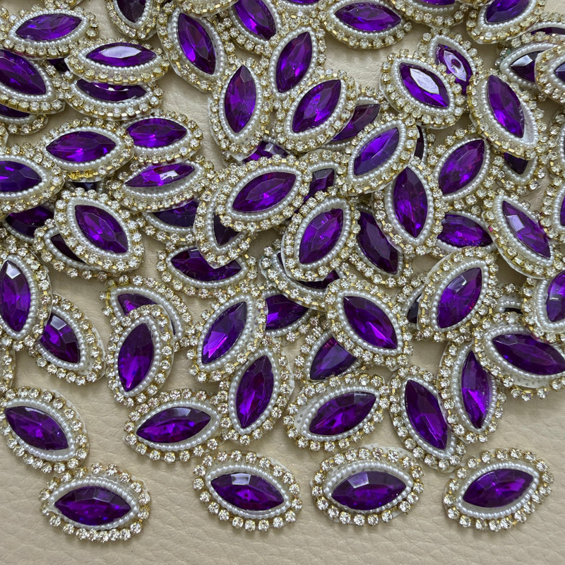 Purple marquise stone patches with white pearl-look beads and gold-tone rhinestone borders