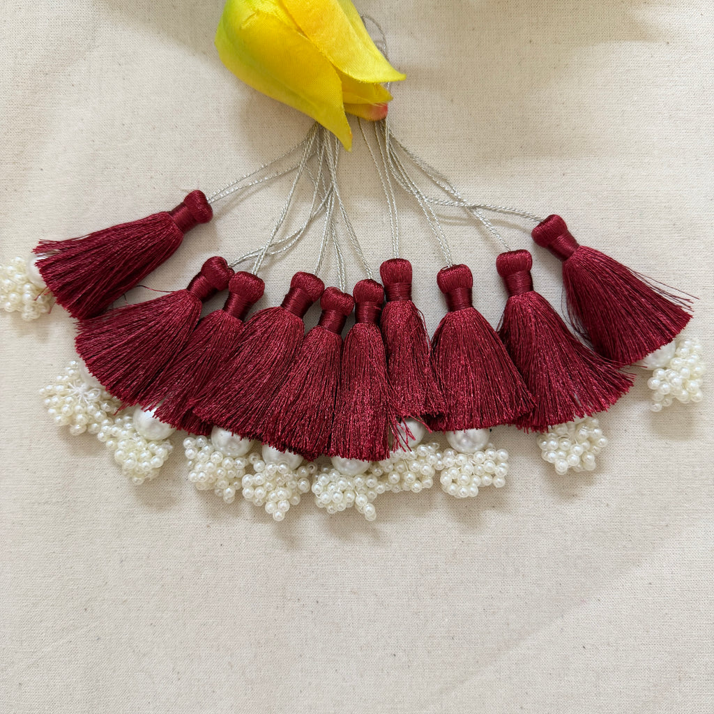 Maroon Silk Tassel with Pearl Cluster – Pack of 10