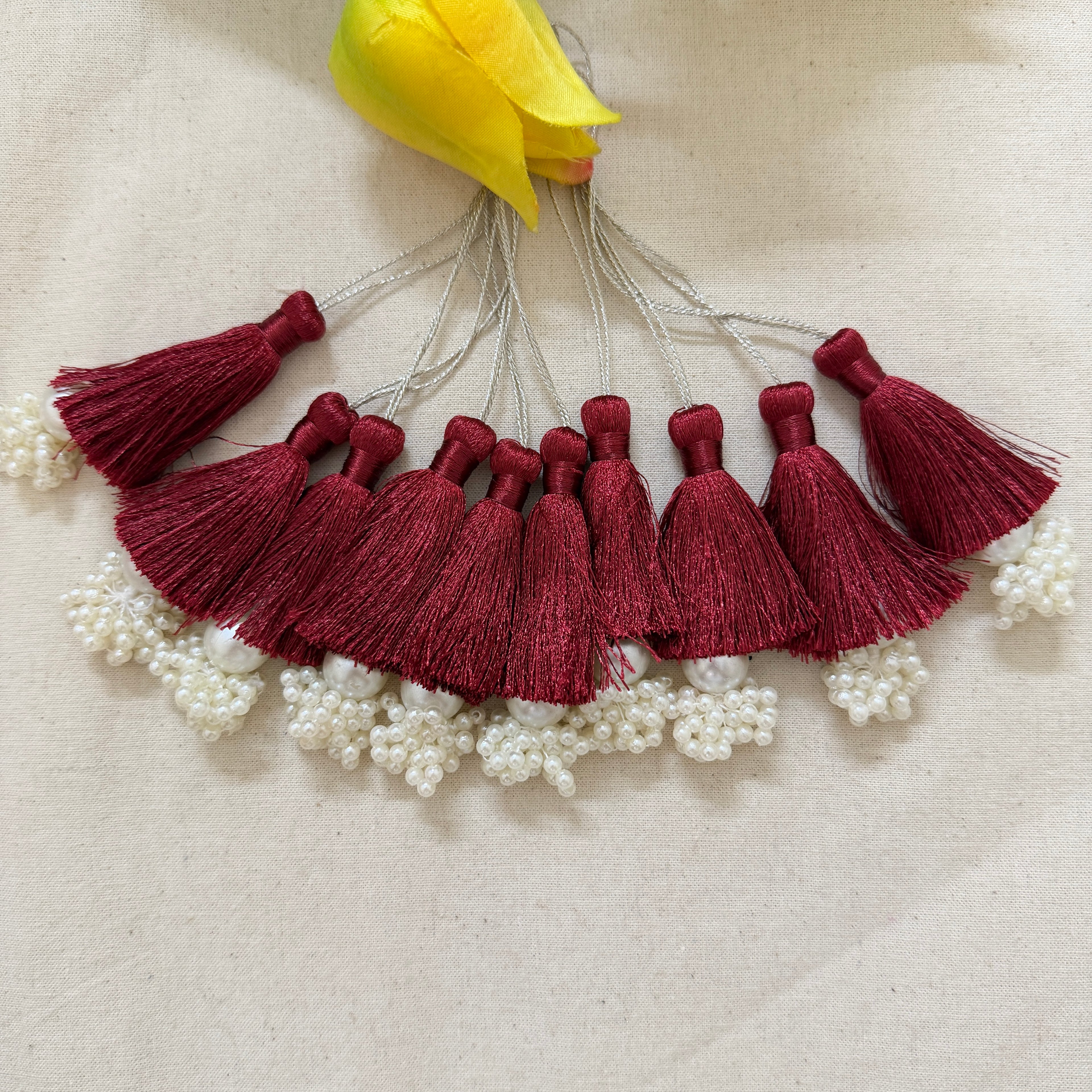 Maroon Silk Tassel with Pearl Cluster – Pack of 10