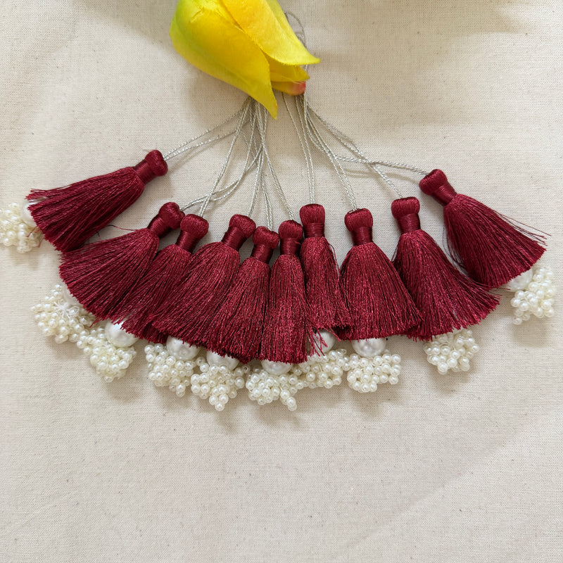 Maroon Silk Tassel with Pearl Cluster – Pack of 10