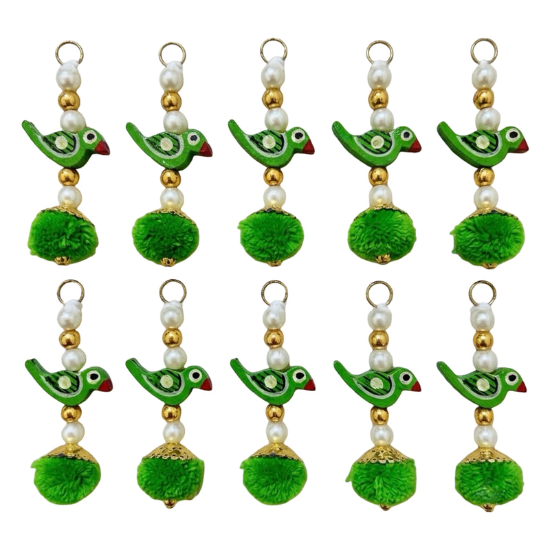 Green Parrot Pom Pom Tassel with ruler showing approx 8cm length