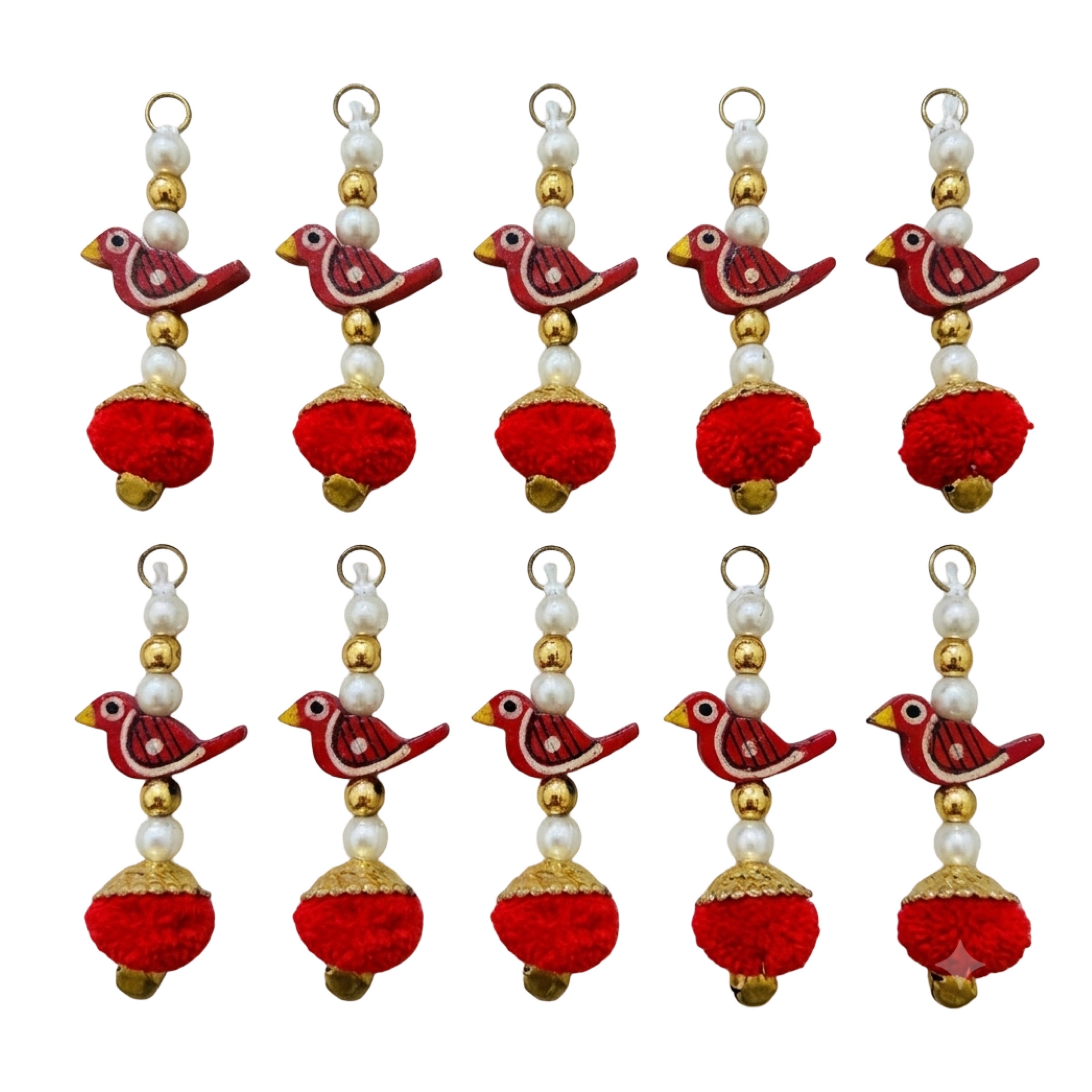 Pack of 10 Red Bird Pom Pom Tassels on white background