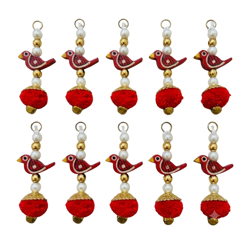 Pack of 10 Red Bird Pom Pom Tassels on white background
