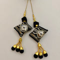 Pair of black and gold embroidered cushion latkan tassels with sequins and three pom-pom drops each
