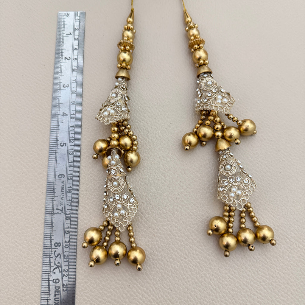 Group of gold-tone cone latkan tassels with beaded strands; sold in packs of 2