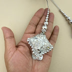 Decorative silver and white latkan tassels with coin-style charms, TSL-1226
