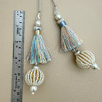 Pair of pastel multicolour thread latkan tassels with pearl-look beaded ball pendants and gold-tone details