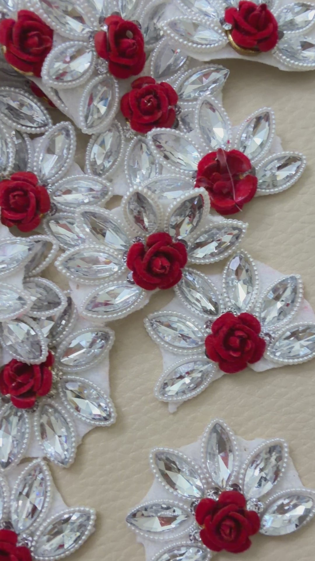 Maroon Rose Rhinestone Flower Motif Patches Craft Supplies – Pack of 10