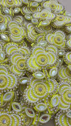 Handmade Yellow Appliques Pearl & Mirror Floral Motifs Patches – Pack of 10